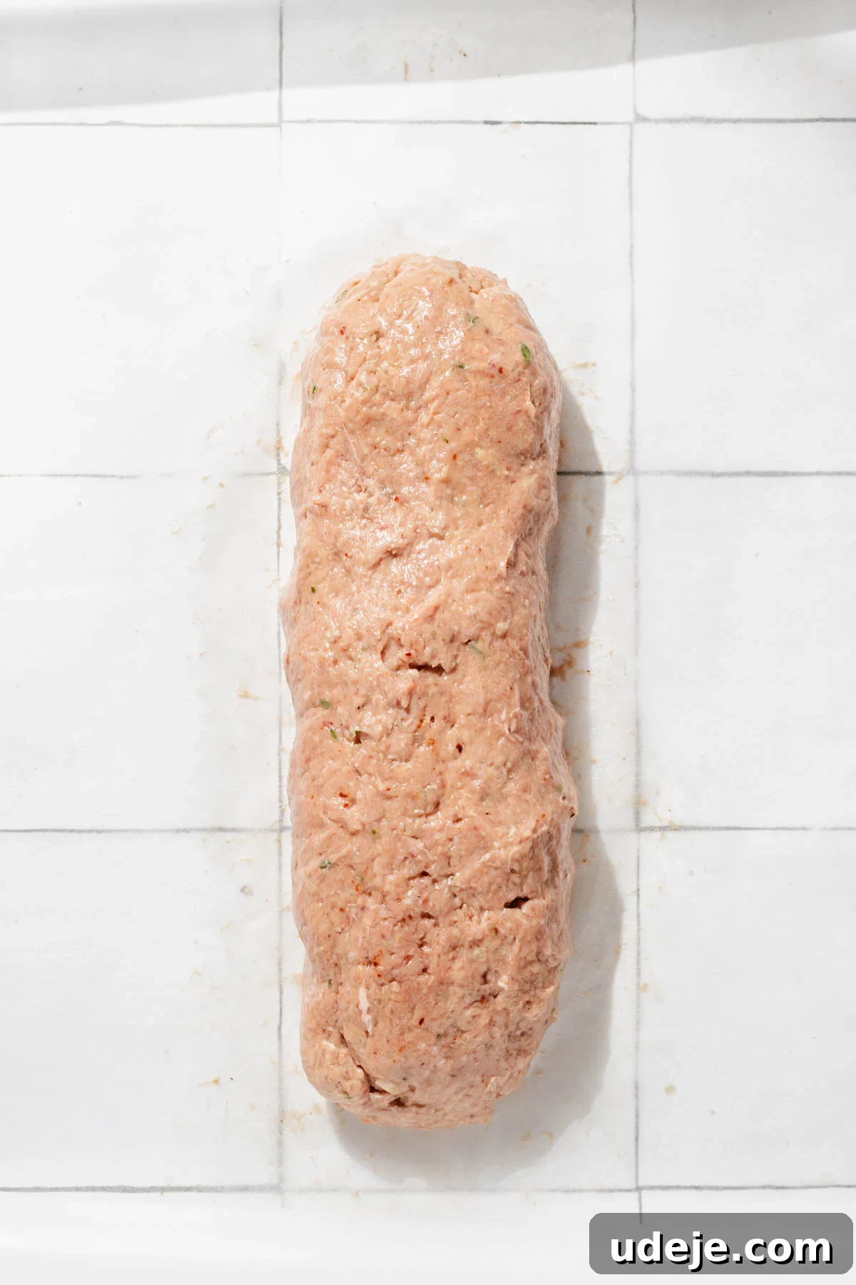 One-Pan Lamb and Beef Doner Kebab 11 The doner kebab meat mixture, perfectly shaped into a compact log, rests neatly on a piece of parchment paper on a white tiled background, ready for wrapping and freezing.