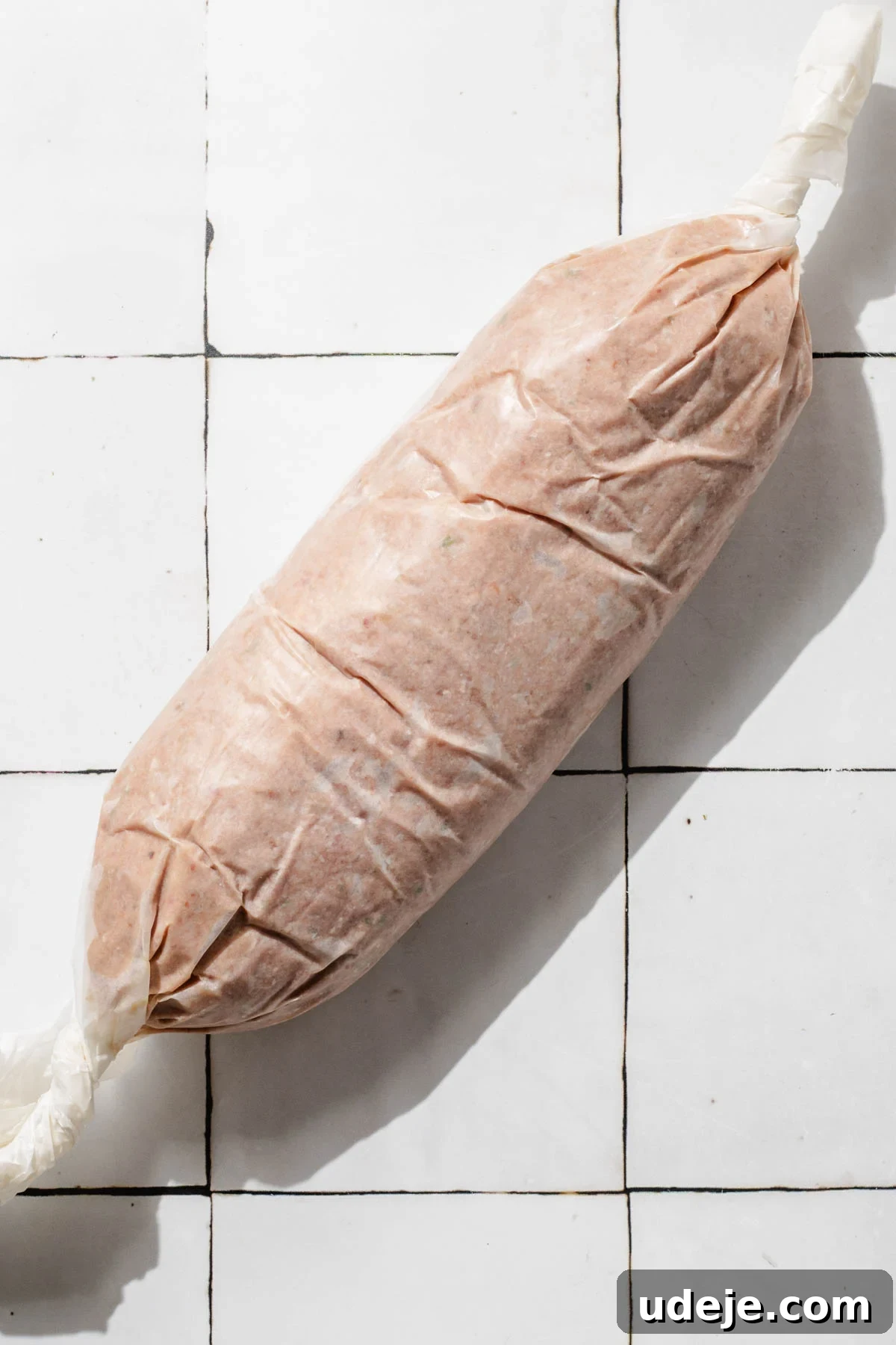 One-Pan Lamb and Beef Doner Kebab 12 The neatly formed Doner Kebab log, securely wrapped in parchment paper, rests on a white tiled background, ready for freezing to achieve optimal slicing consistency.