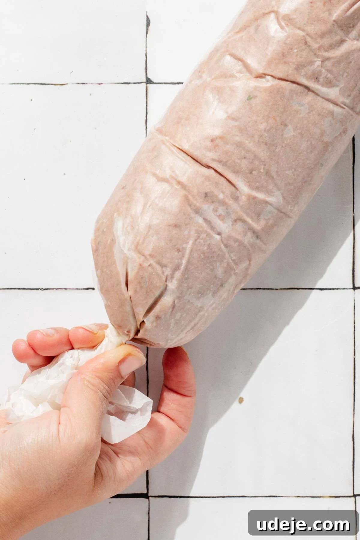 One-Pan Lamb and Beef Doner Kebab 13 A hand is shown twisting the end of a parchment-wrapped Doner Kebab log on a white tiled background, meticulously sealing it for freezing and ensuring a compact shape.
