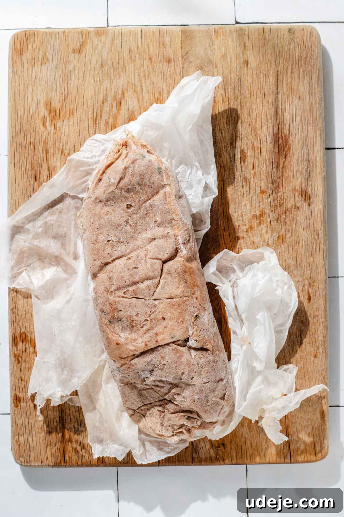 One-Pan Lamb and Beef Doner Kebab 14 A frozen doner kebab roll, unwrapped from its parchment paper, lies on a sturdy wooden cutting board set against a crisp white tiled background, poised for slicing.