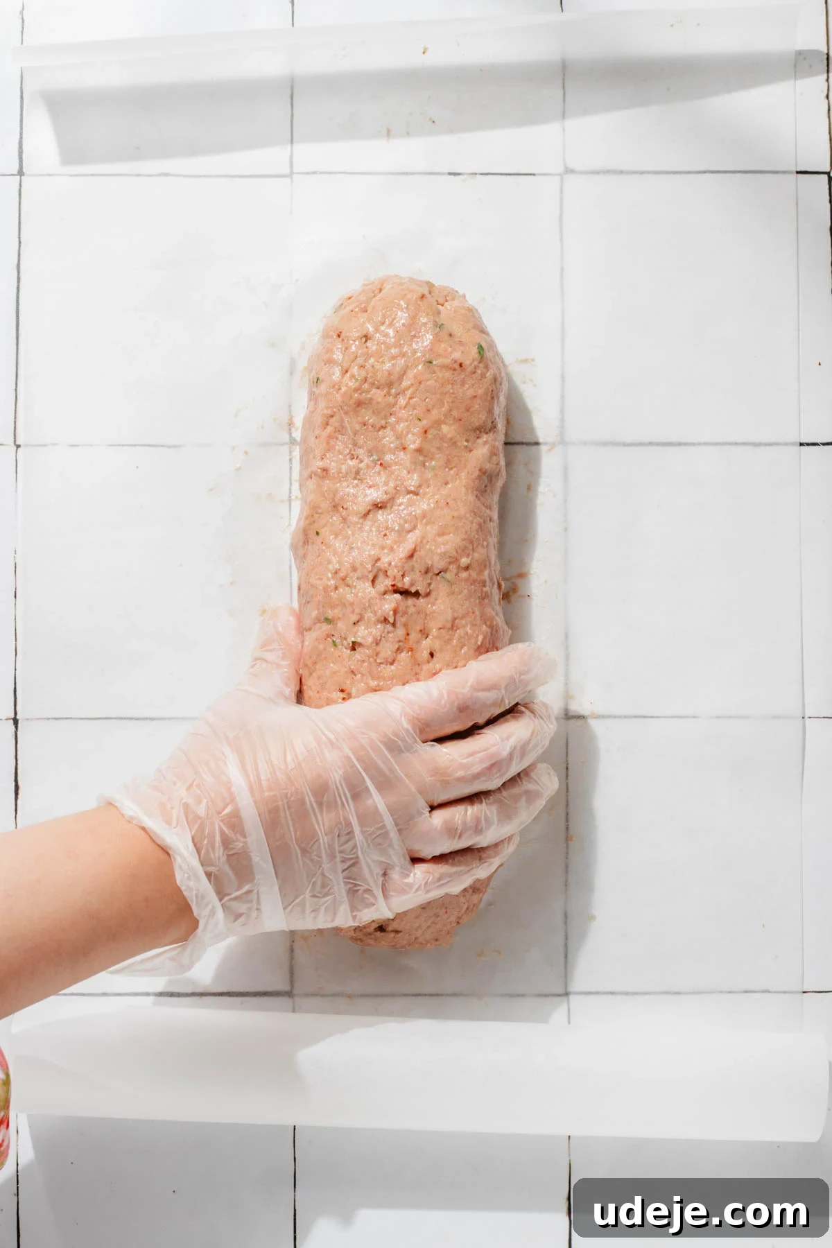 One-Pan Lamb and Beef Doner Kebab 10 A gloved hand expertly shapes the doner kebab meat mixture into a uniform log on top of a sheet of parchment paper, resting on a white tiled background, ensuring a compact form for freezing.