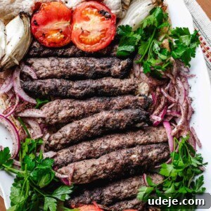 A platter of Iraqi Kabab kebabs on sliced red onions, surrounded by grilled tomatoes, onions, fresh parsley, and pieces of flatbread. The dish is beautifully arranged on a white oval plate.