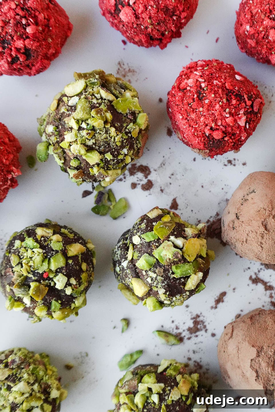 Velvet Avocado Chocolate Gems 3 overhead shot of creamy chocolate avocado truffles rolled in cocoa powder, crushed pistachios, and freeze-dried strawberry powder