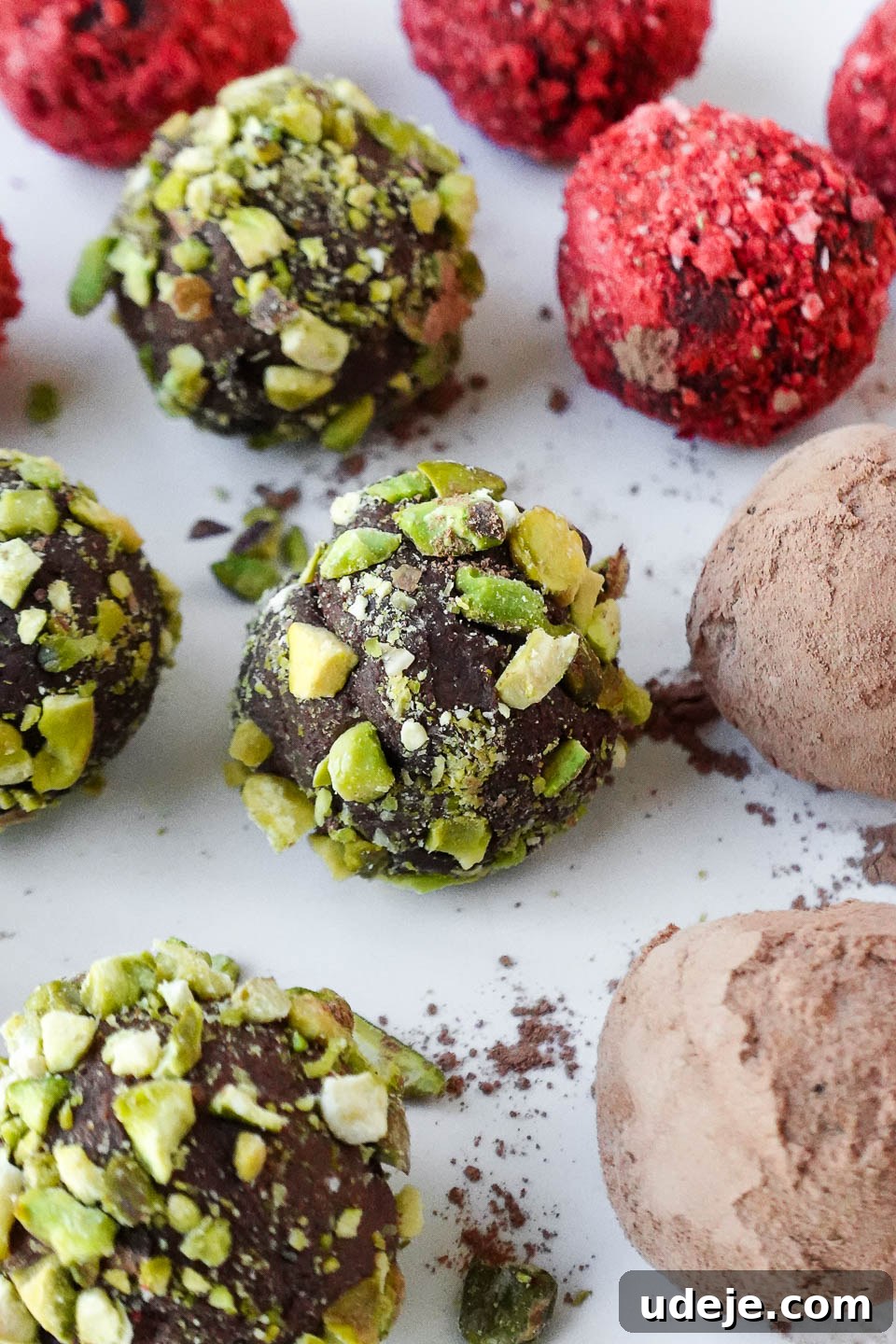 Velvet Avocado Chocolate Gems 4 Close-up of creamy chocolate avocado truffles rolled in cocoa powder, crushed pistachios, and freeze-dried strawberry powder