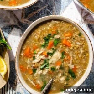 Two bowls of chicken freekeh soup are presented alongside a steaming pot of soup, with a spoon resting in one bowl. A small plate with lemon wedges and fresh cilantro sits nearby, all arranged on a charming blue and white tiled background.