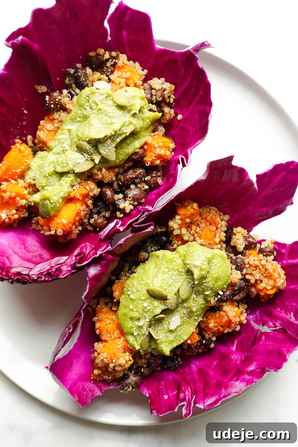 Vegan Sweet Potato Black Bean Cabbage Wraps 2 Vibrant vegan sweet potato and black bean tacos wrapped in crisp red cabbage leaves, topped with creamy guacamole and fresh herbs.