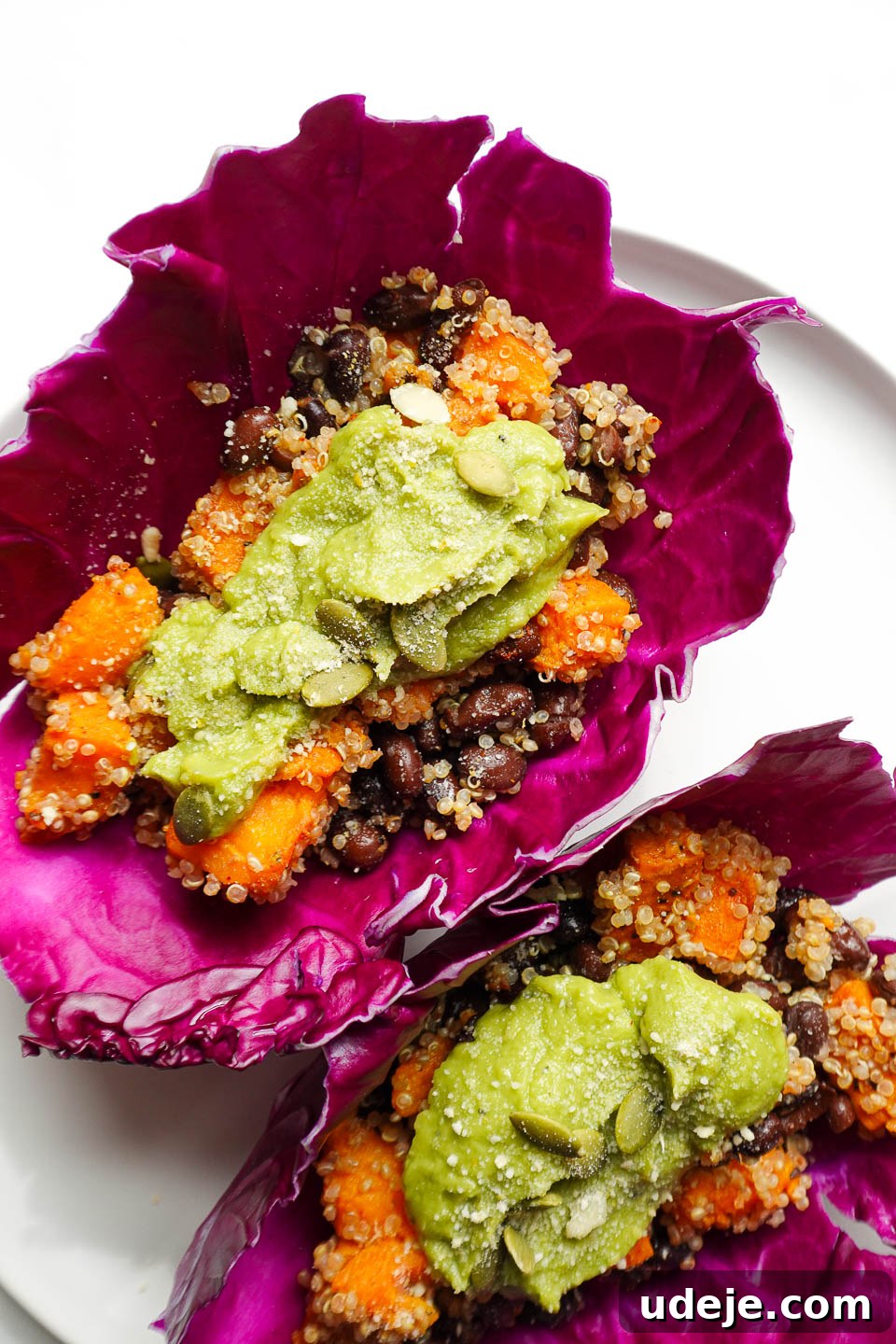 Vegan Sweet Potato Black Bean Cabbage Wraps 4 Close-up of two beautifully assembled vegan sweet potato and black bean tacos, featuring the rich filling in red cabbage leaves.
