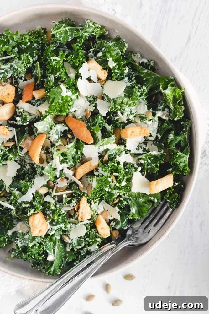 Creamy Tahini Kale Salad 4 Kale Tahini Salad served in a large serving dish with Tahini Salad dressing