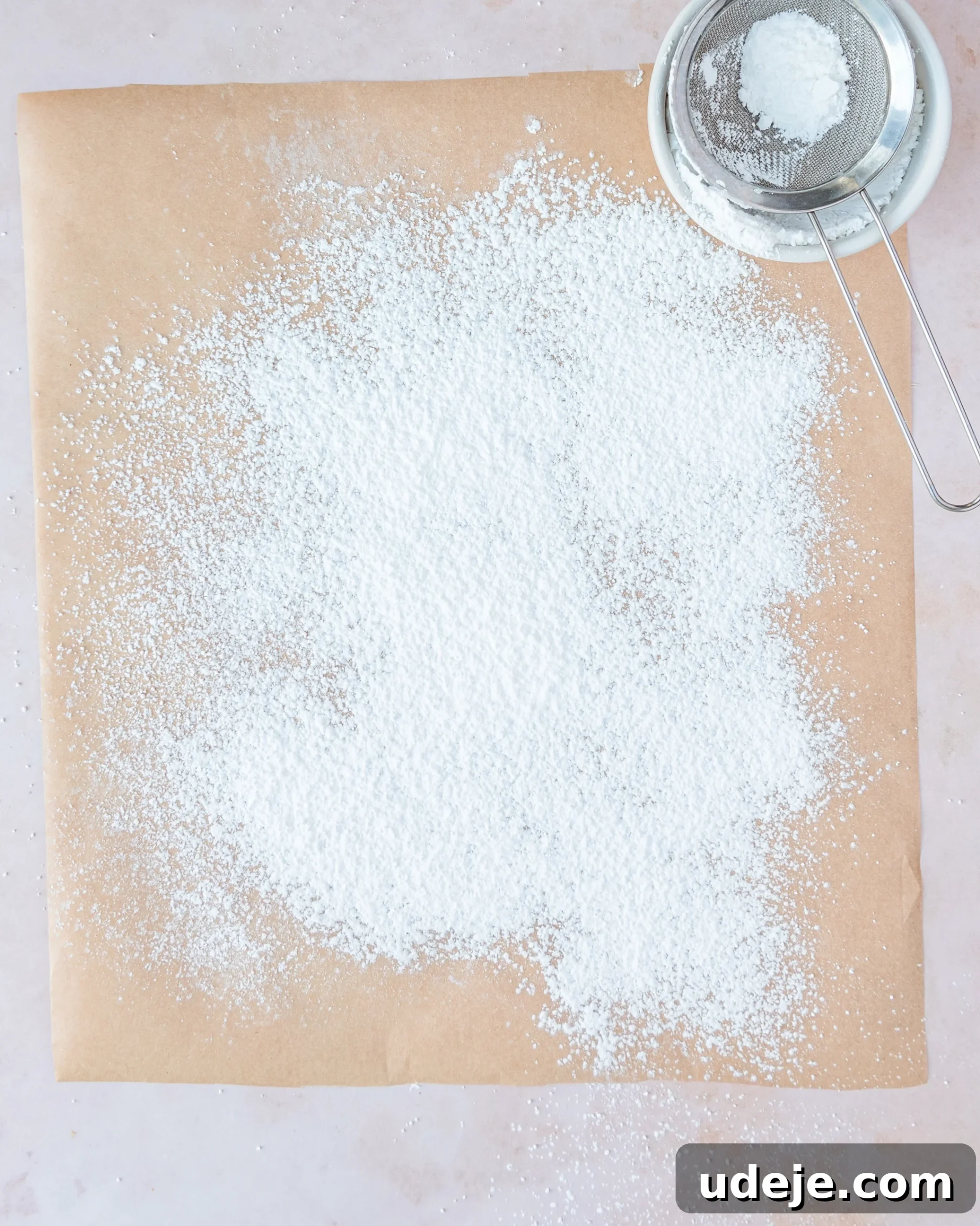 Homemade Turkish Delight: Customize with Pistachios 18 Powdered sugar evenly distributed on a piece of light brown parchment paper, with a small metal sifter to the side, on a light pink background, preparing the work surface.