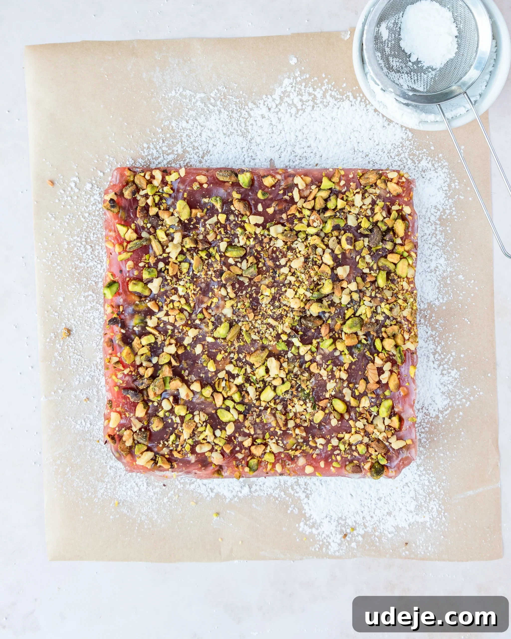 Homemade Turkish Delight: Customize with Pistachios 19 The set Turkish Delight block, now carefully placed on the light brown parchment paper dusted with powdered sugar, with a metal sifter nearby, on a light pink background.