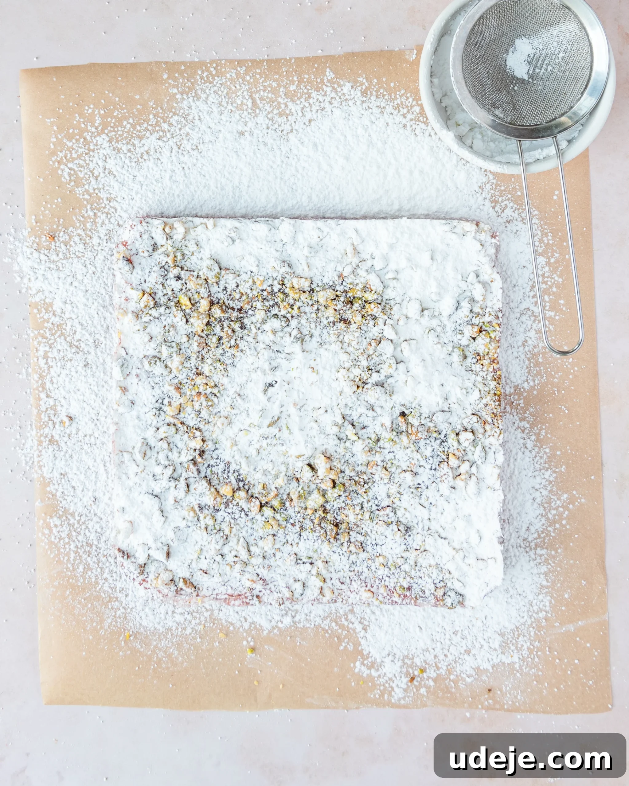 Homemade Turkish Delight: Customize with Pistachios 20 The block of set Turkish Delight on parchment paper, now generously dusted with an additional layer of powdered sugar mixture, on a light pink background.