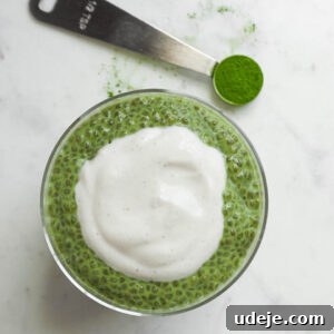 Energizing Matcha Chia Delight 6 Overhead shot of matcha chia pudding in a glass jar topped with yogurt