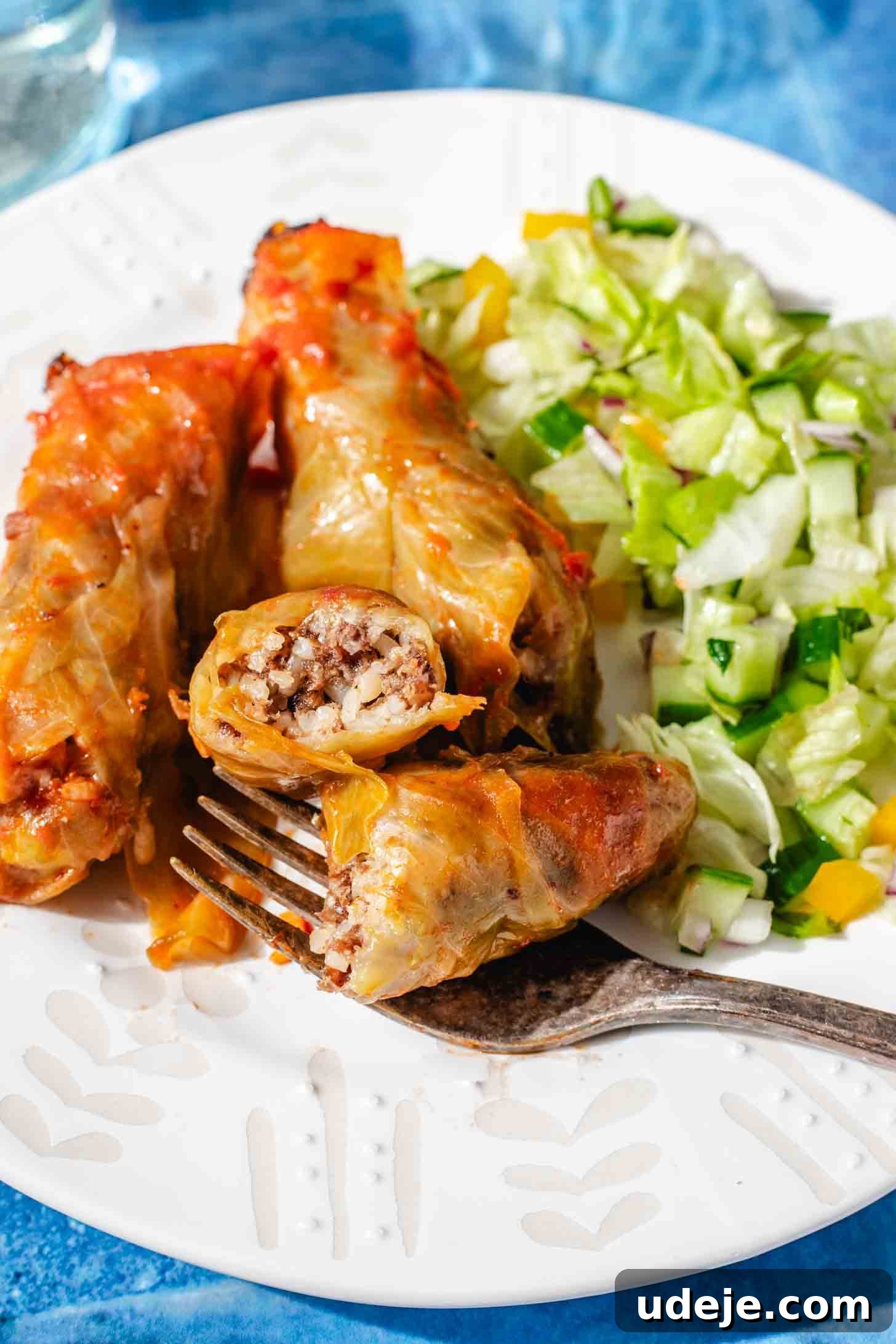 Irresistible Beef and Rice Cabbage Rolls 17 A white plate showcasing cooked cabbage rolls, with one perfectly sliced in half to reveal the rich beef and rice filling. The dish is accompanied by a fresh salad and a fork, set against an inviting blue background, creating a mouth-watering presentation.