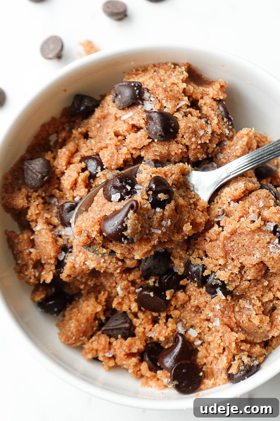 Guilt-Free Vegan Gluten Free Cookie Dough 4 A spoonful of healthy edible cookie dough with maple syrup, almond butter, and chocolate chips.
