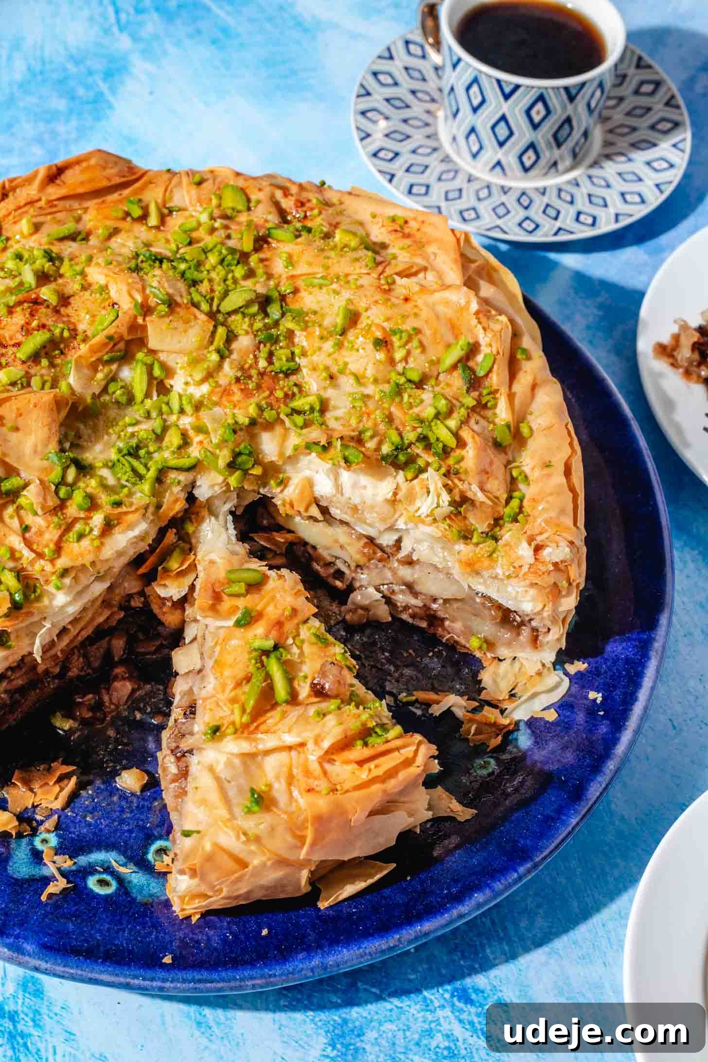 Apple Pie Meets Baklava 2 A slice of Baklava Apple Pie, showcasing its flaky phyllo layers, served on a dark blue plate with a cup of Turkish coffee in the background.