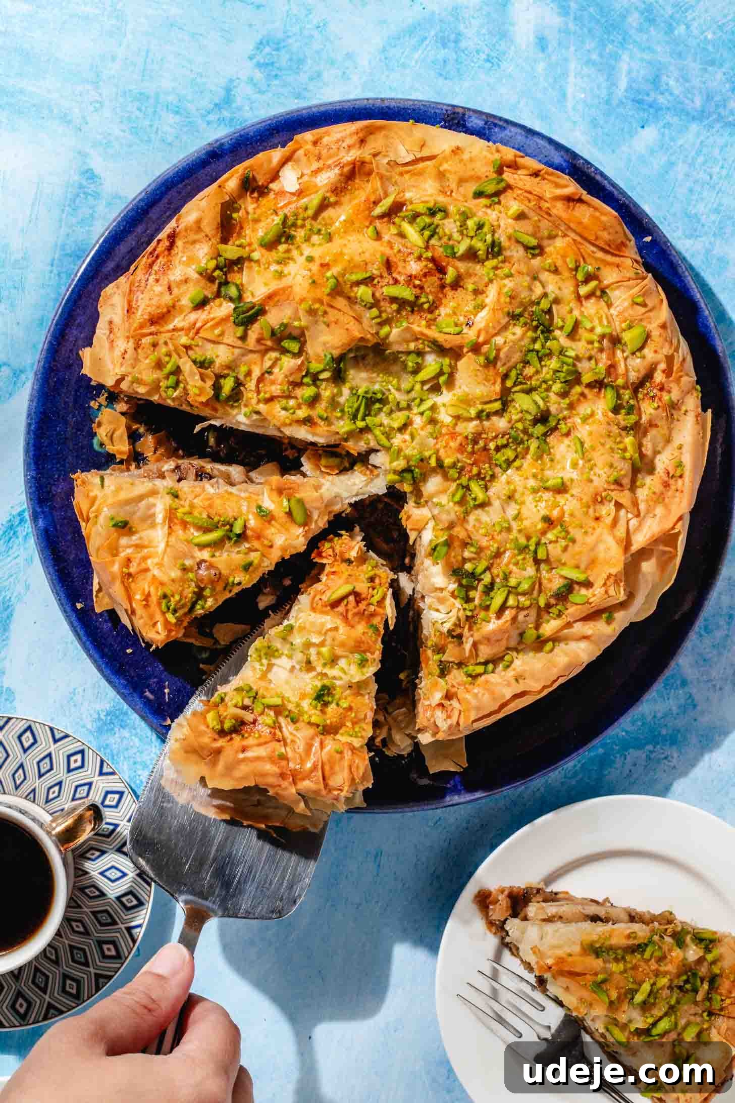 Apple Pie Meets Baklava 18 A whole Baklava Apple Pie, cut into several slices and served on a dark blue plate with a single slice on a white plate and Turkish coffee.