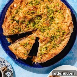 Baklava apple pie served on a dark blue plate, garnished with chopped pistachios. The plate is on a light blue backdrop, along with one Turkish coffee cup and a small white plate with one slice of the pie.