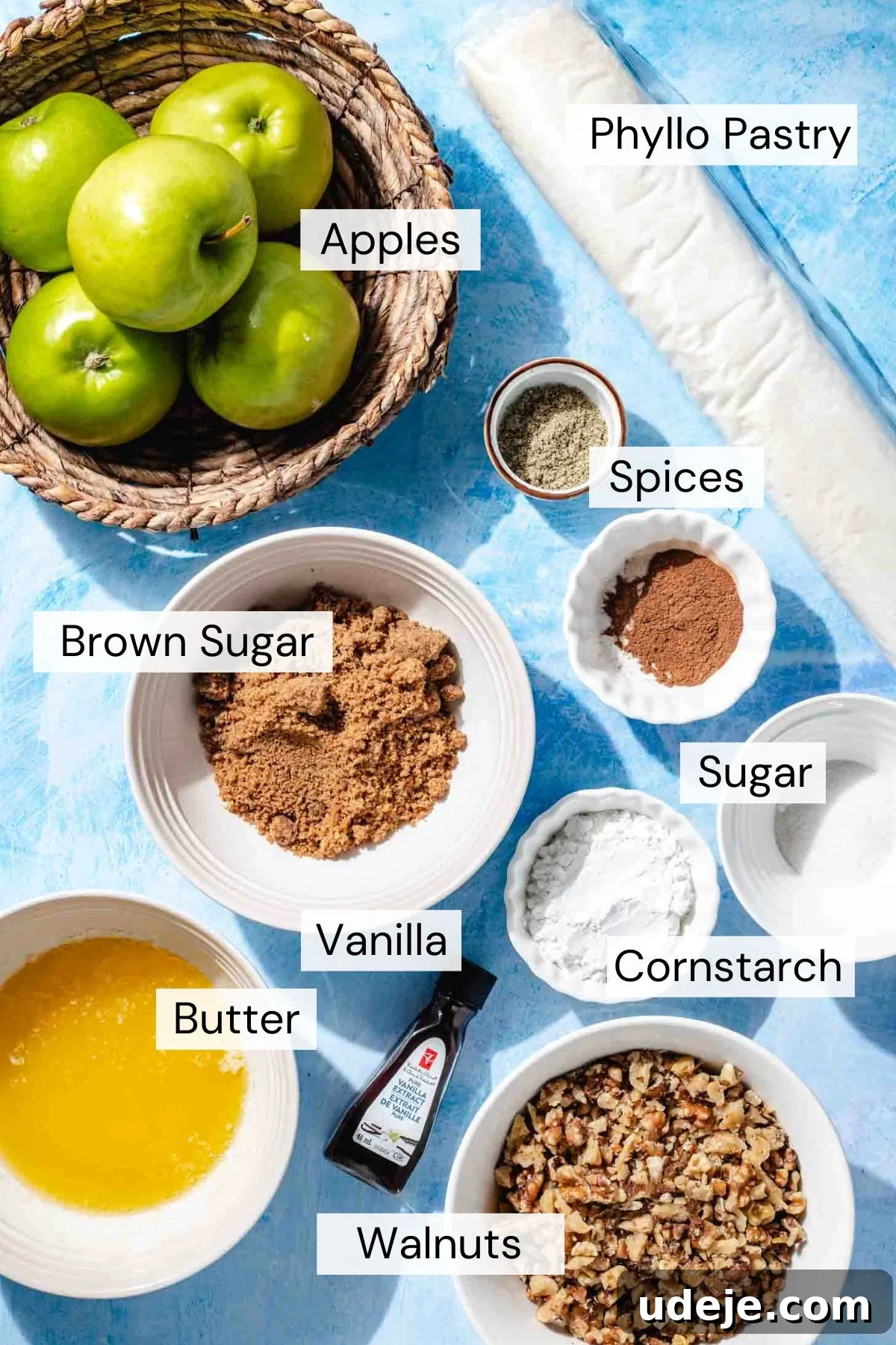 Apple Pie Meets Baklava 4 All ingredients for Baklava Apple Pie laid out: Granny Smith apples, cinnamon, cardamom, brown sugar, butter, vanilla extract, chopped walnuts, cornstarch, and phyllo pastry.