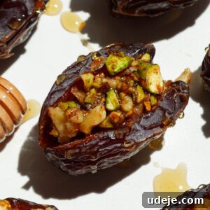 Gourmet Baklava-Filled Dates 7 Close-up of a baklava stuffed date showing pistachio and walnut filling inside a soft medjool date with a drizzle of honey