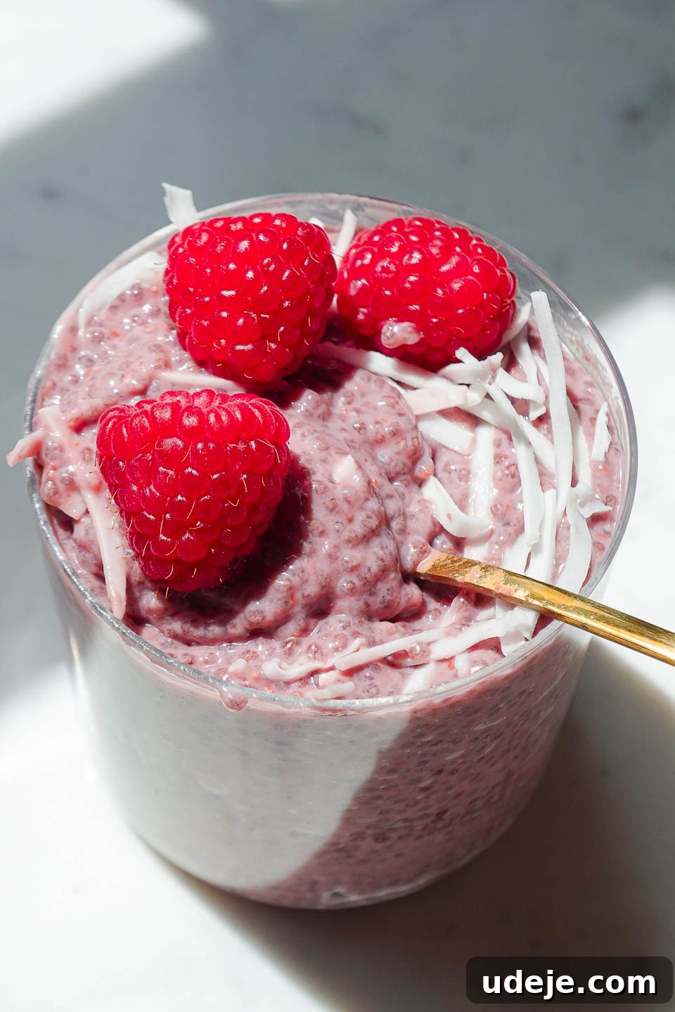 Raspberry Chia Bliss 3 close up of raspberry chia pudding in a glass jar topped with fresh raspberries and coconut flakes