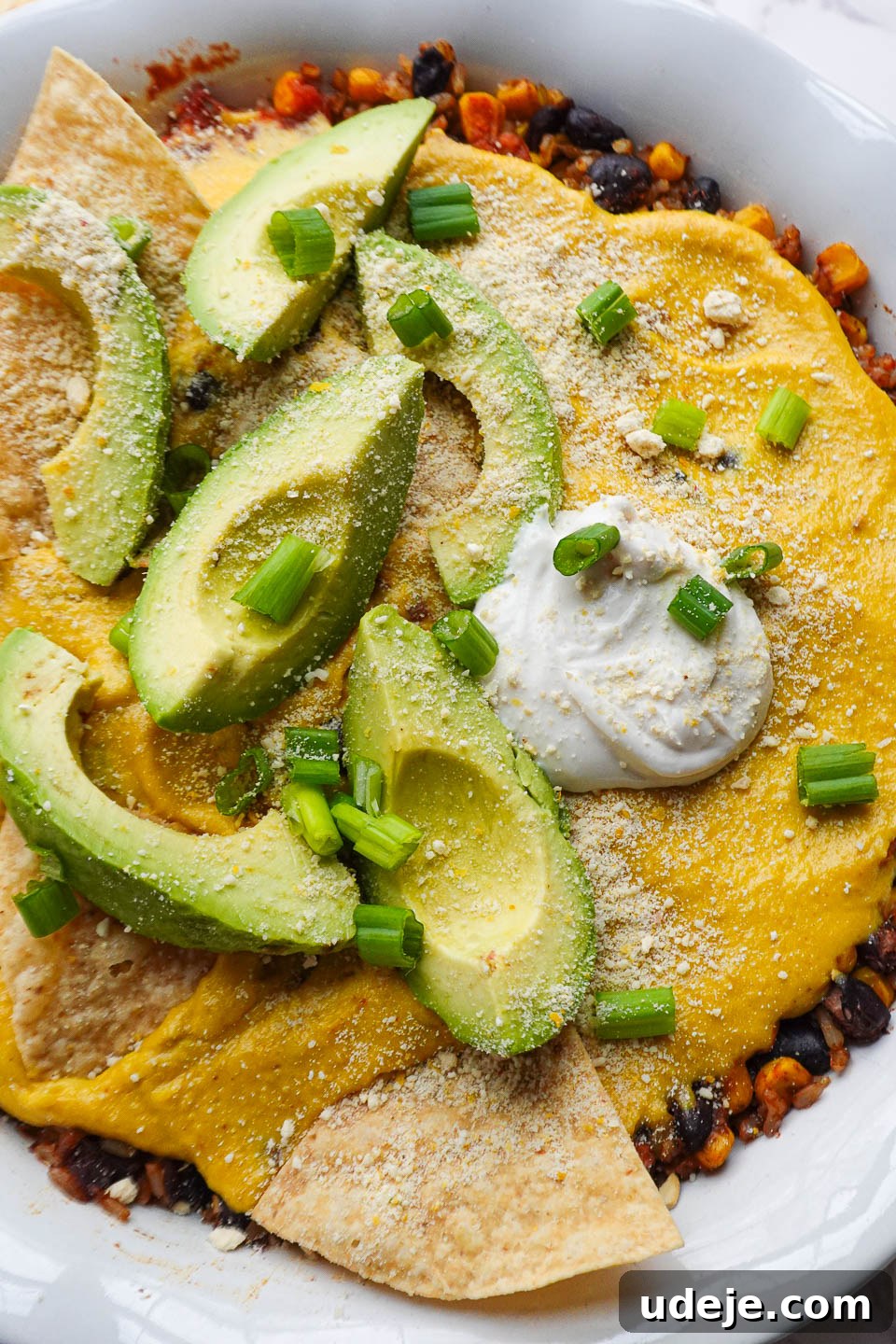 Plant Based Mexican Rice Bake 8 Vegan Mexican casserole topped with avocado slices, vegan sour cream, sliced scallions, tortilla chips.