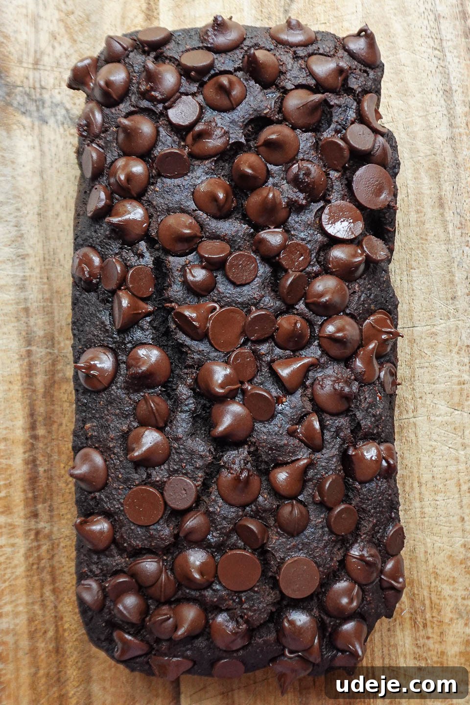 Wholesome Vegan Gluten-Free Chocolate Banana Bread 3 Freshly baked loaf of vegan gluten-free chocolate banana bread, topped with a generous sprinkle of melted chocolate chips.