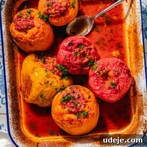 Baked yellow, orange and red bell peppers, stuffed with a rice mixture, placed in a large enamel baking dish with tomato sauce on the bottom, garnished with finely chopped parsley.