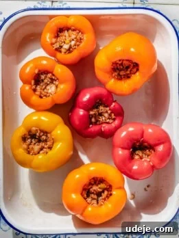 Large yellow, orange and red bell peppers, hollowed out and stuffed with a rice mixture, placed in a large enamel baking dish