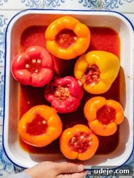 Large yellow, orange and red bell peppers, hollowed out and stuffed with a rice mixture, placed in a large enamel baking dish and with a red tomato sauce on the bottom.