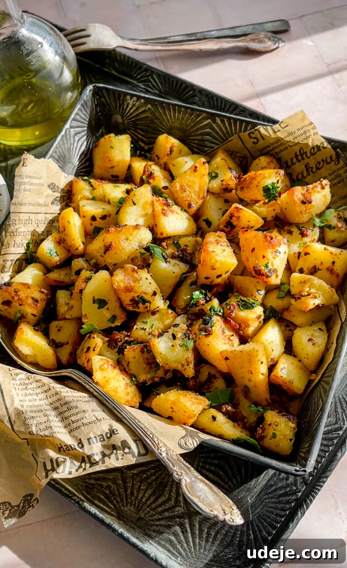 Spicy Golden Crispy Batata Harra 9 cooked crispy potato cubes in a metal tray, lined with parchment paper, garnished with chili flakes and parsley