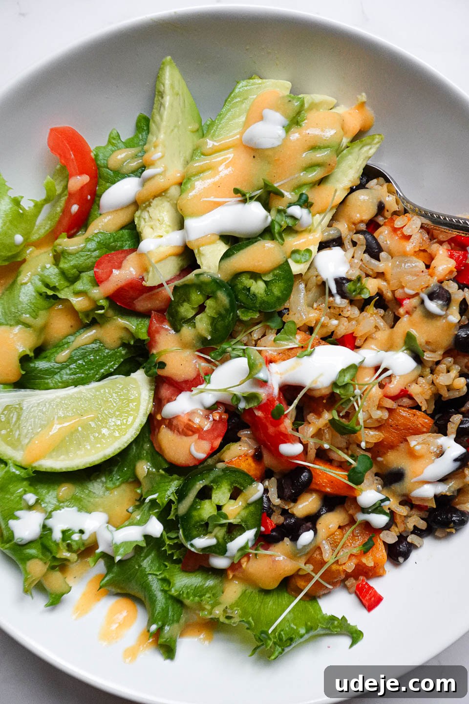 Plant-Powered Sweet Potato Burrito Bowl 3 Close-up of a colorful sweet potato and black bean burrito bowl topped with avocado, diced tomatoes, jalapeños, and microgreens