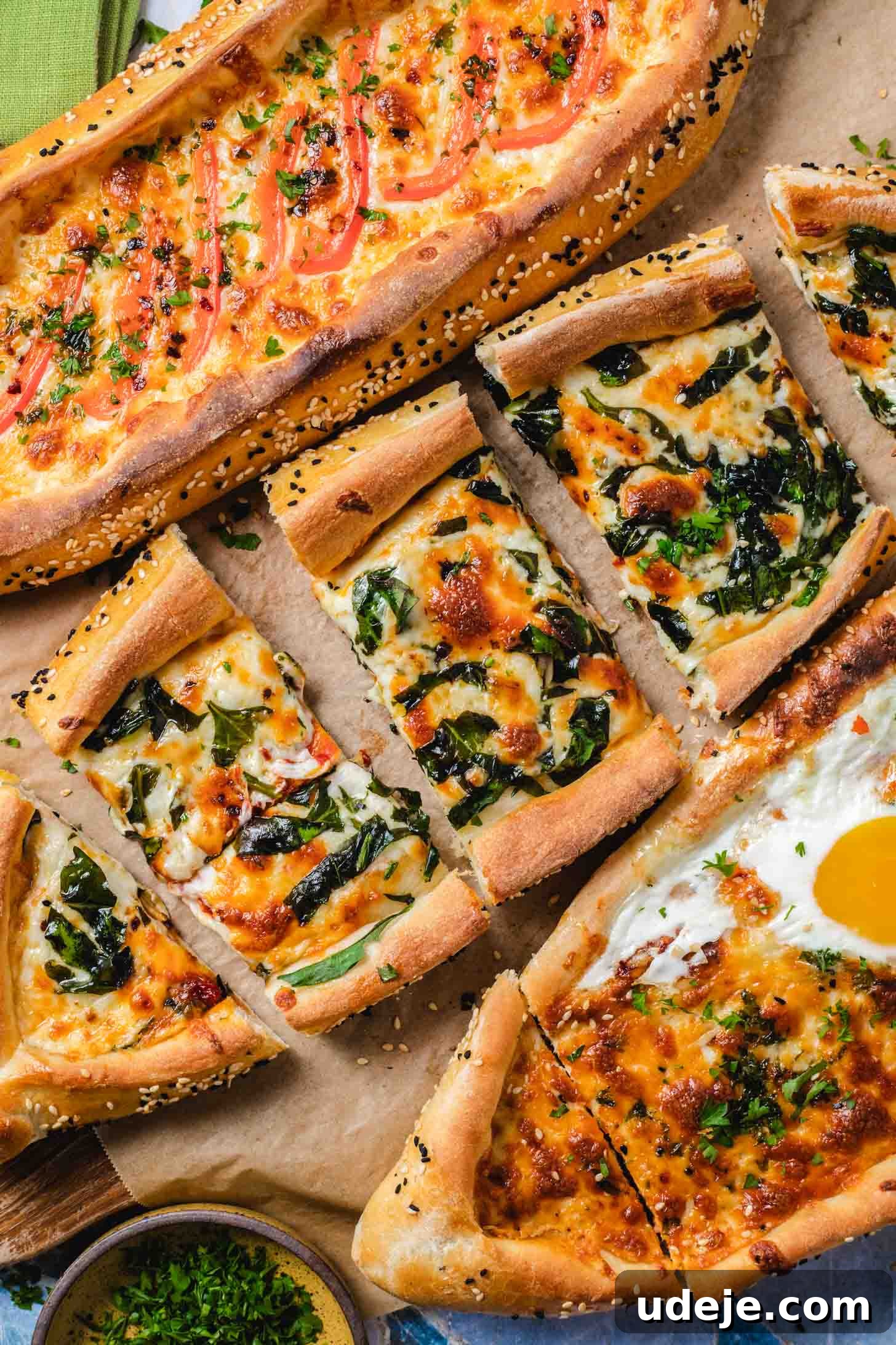 Customizable Homemade Turkish Pide 15 Three boat-shaped flatbreads are arranged on a wooden cutting board over parchment paper. Two of them are already sliced into individual pieces. The fillings include cheese and red pepper strips, egg and cheese, and cheese and spinach, all garnished with nigella seeds. A small brown bowl of chopped cilantro and a green tea towel complete the scene on a blue and white tiled surface.