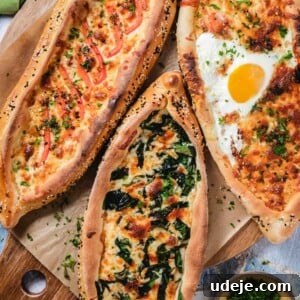 Three boat shaped flat breads filled with cheese and red pepper strips, egg and cheese and cheese and spinach, sprinkled with nigella seeds on a wooden cutting board with parchment paper on top, a small brown bowl of chopped cilantro and a green tea towel on a blue and white tiled surface.