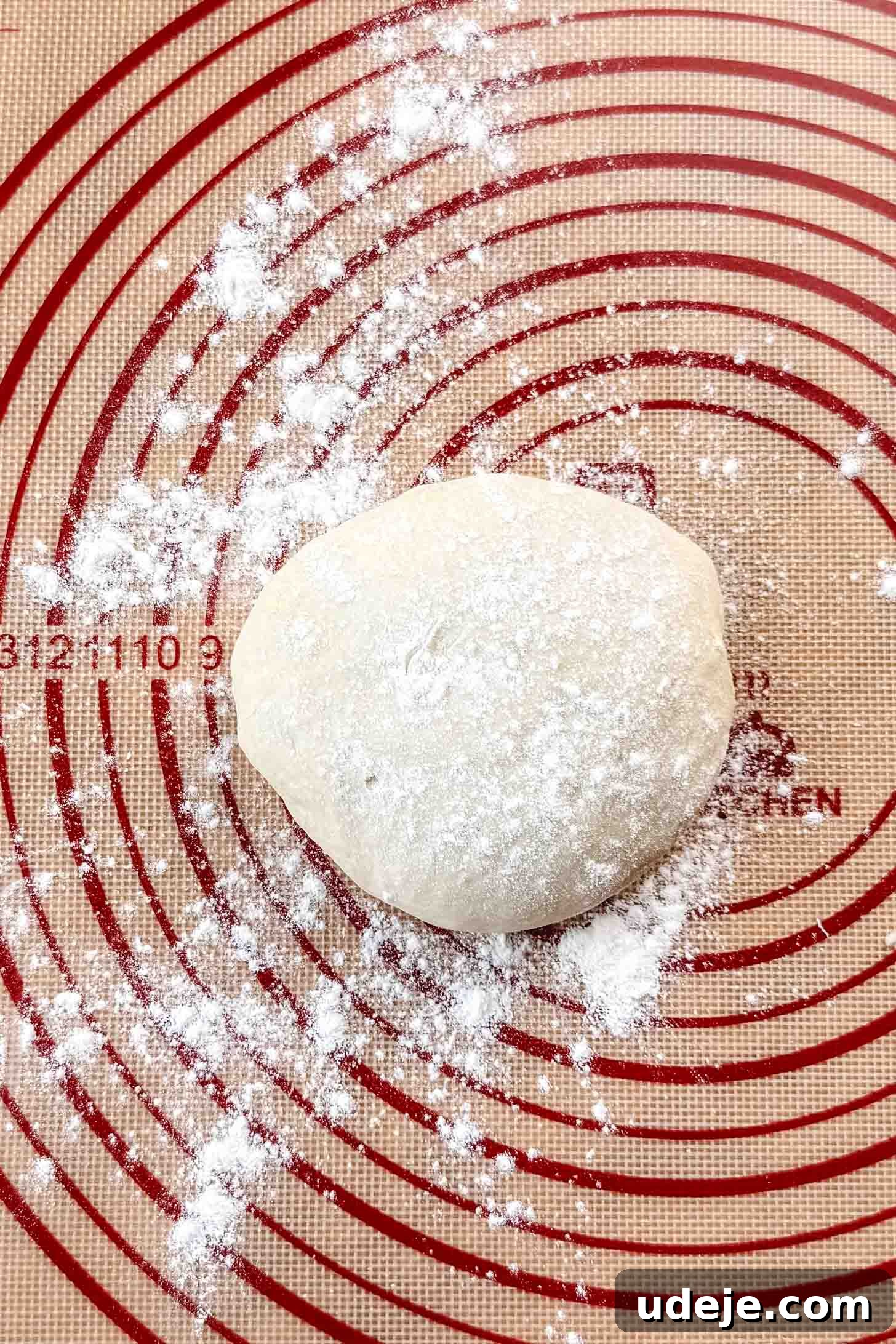 Customizable Homemade Turkish Pide 7 A soft, round dough ball lightly dusted with flour, resting on a red-circled Silpat mat, ready for shaping.
