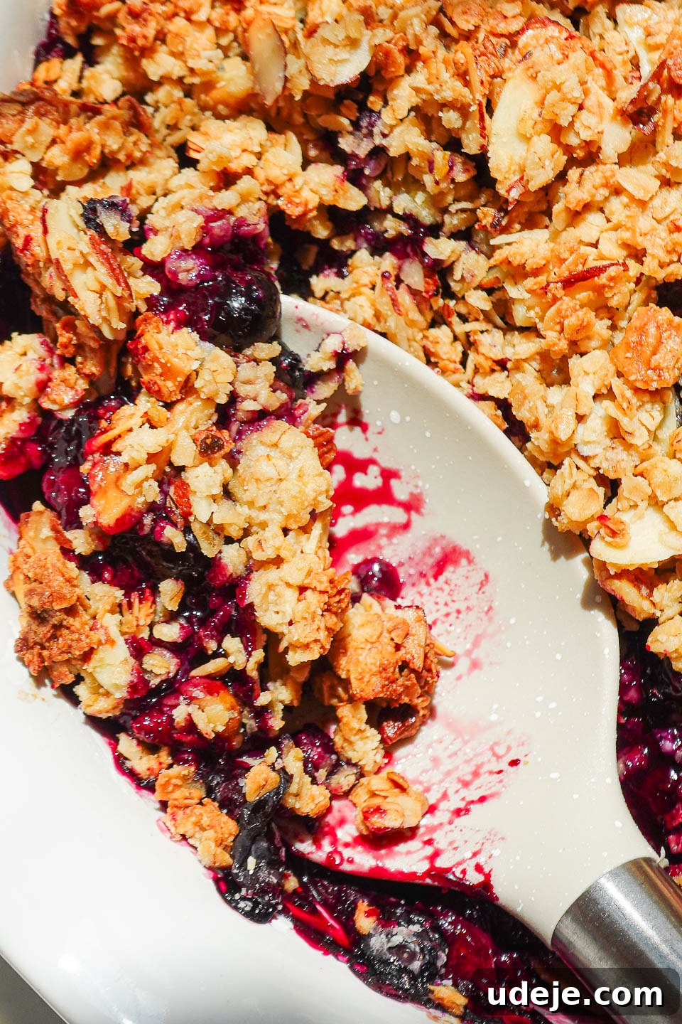 Guilt-Free Blueberry Crisp 6 A spoonful of healthy blueberry crisp, showcasing the vibrant, warm blueberry filling and the textured, golden oat-almond topping.