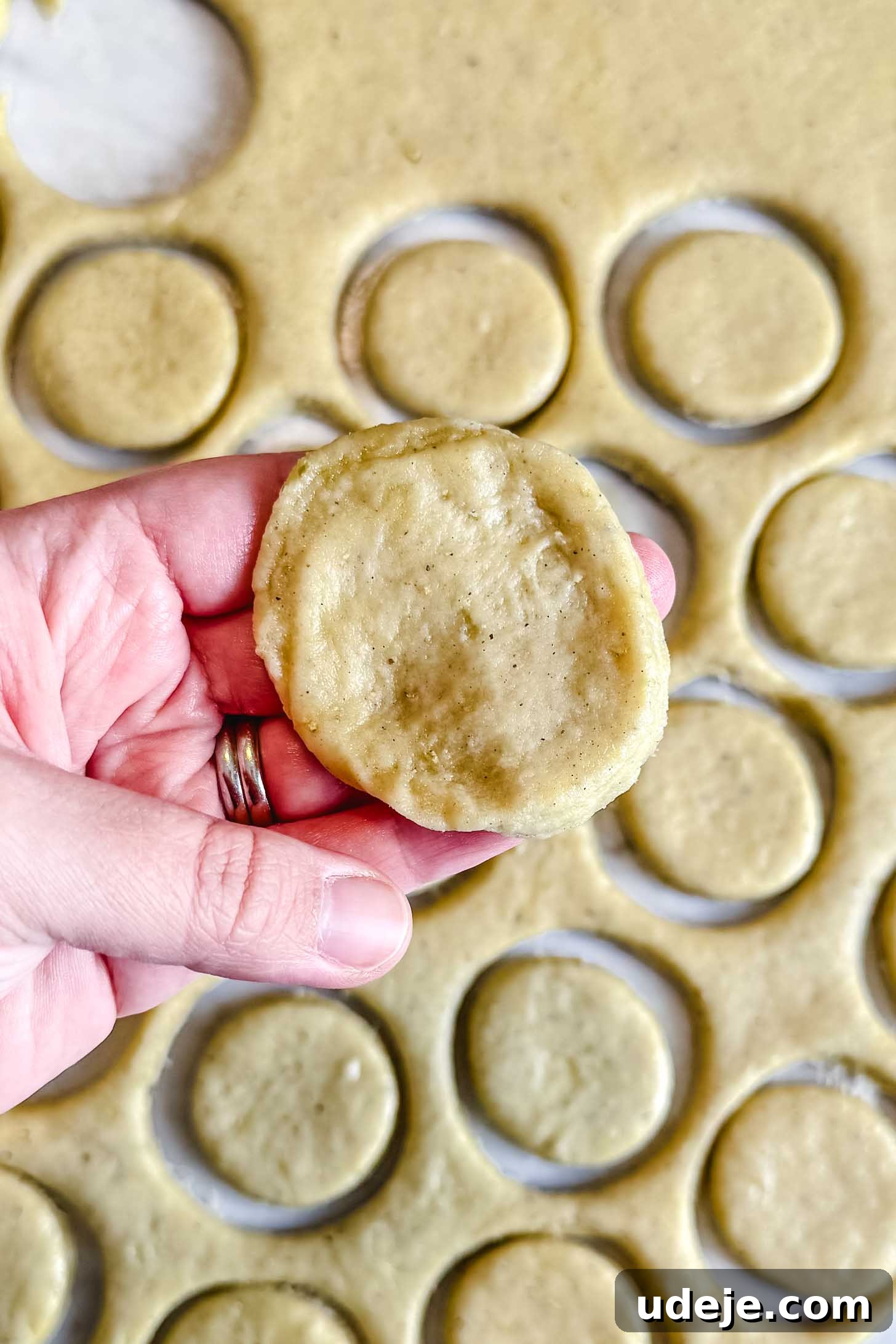 Iraqi Kleicha A Sweet Tradition with Date or Walnut 24 A hand holding a round, uncooked Kleicha dough piece above a surface with more circular cutouts. The background shows flattened dough with many round shapes ready to become delicious Kleicha cookies.