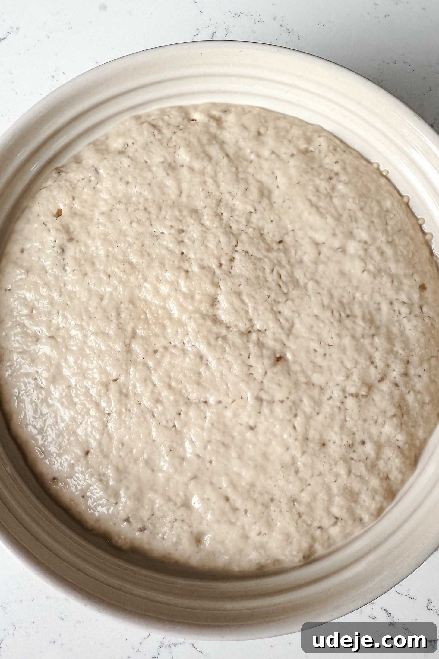 Iraqi Kleicha A Sweet Tradition with Date or Walnut 4 A close-up of a large beige bowl containing bubbly, risen bread dough on a white surface. The dough, perfect for making Kleicha, has a slightly uneven, airy texture, indicating it has finished proofing.