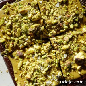 Small batch no bake pistachio brownies sliced into squares