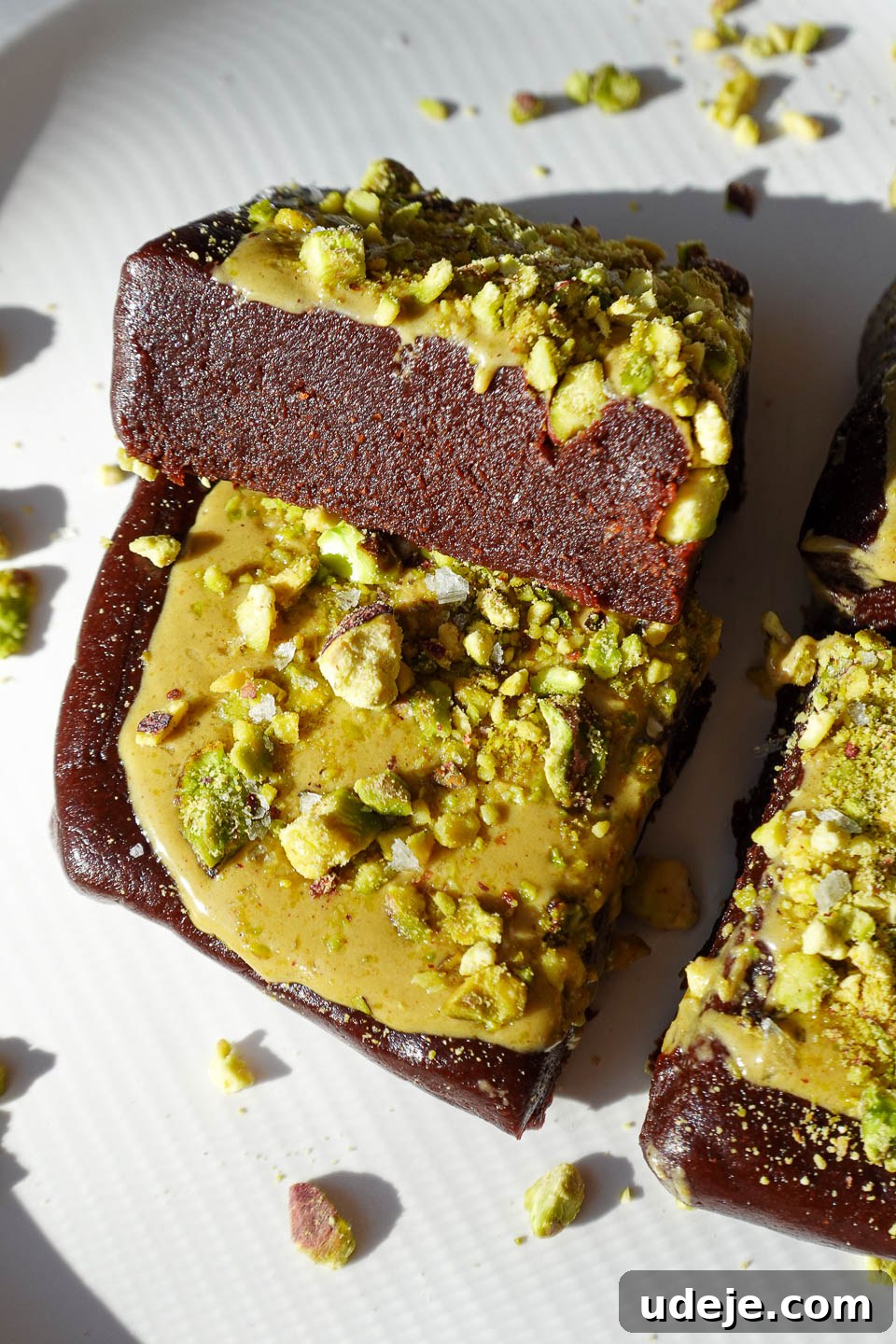 Effortless No Bake Pistachio Brownies Vegan Gluten-Free Small Batch 5 Close-up of fudgy no bake pistachio brownies