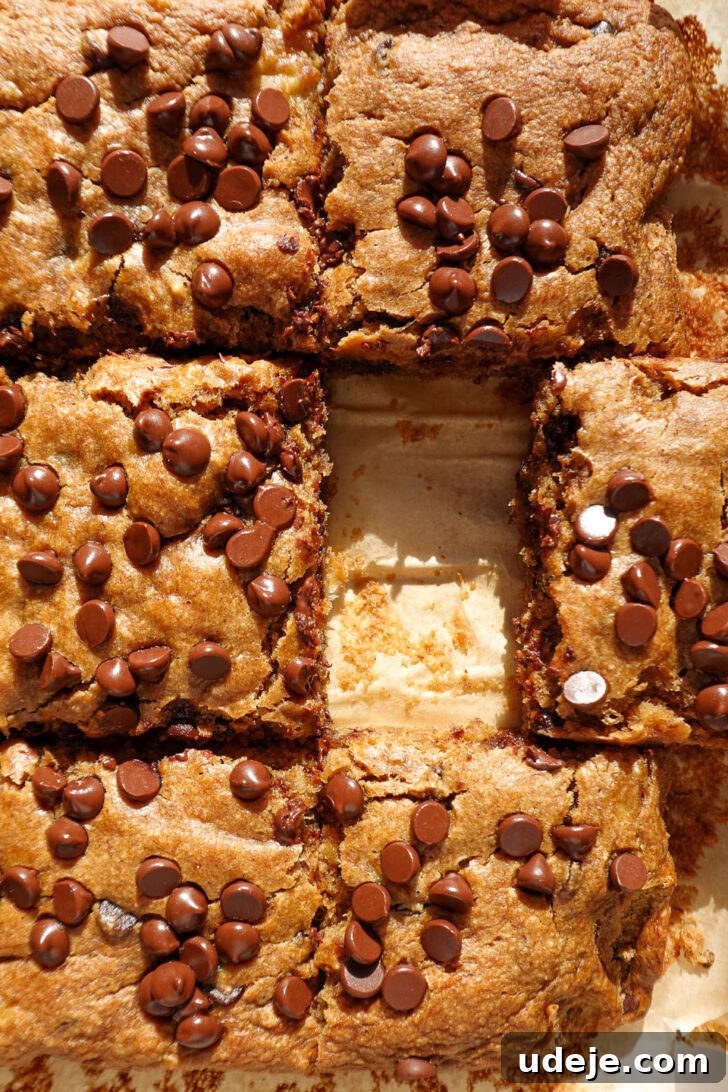 Vegan Gluten Free Chocolate Chip Banana Dream Bars 10 Vegan and gluten-free chocolate chip banana bars, freshly sliced into squares and arranged on a wire rack.