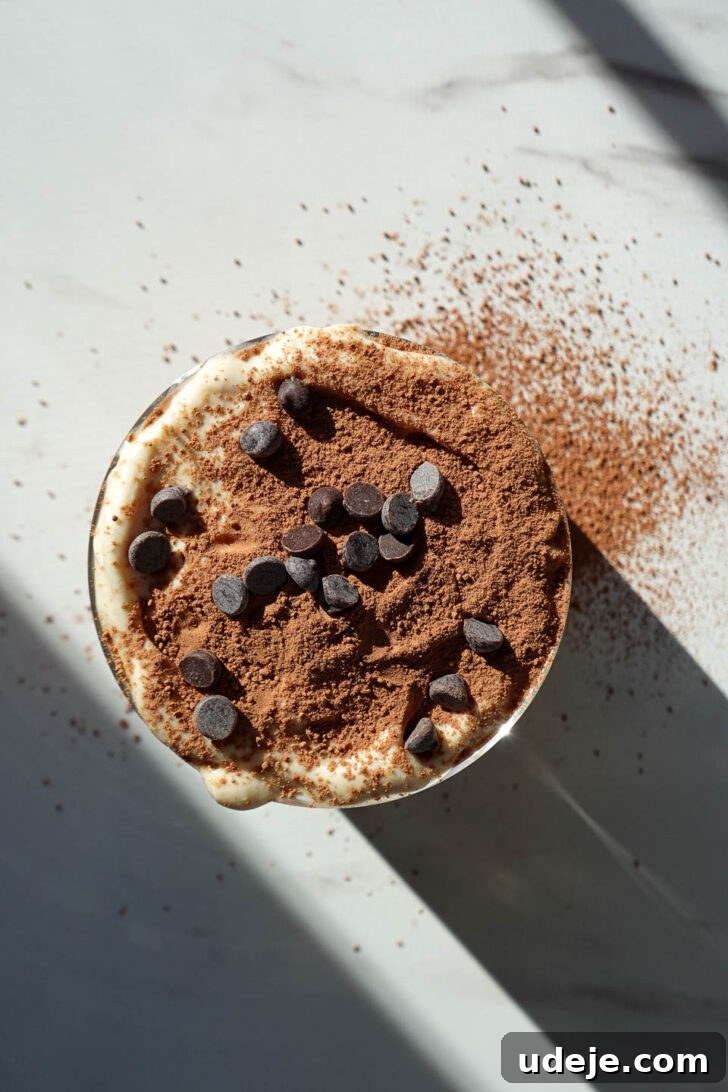 Espresso Dream Oats 6 Close-up of chocolate tiramisu oats with vegan yogurt layer and dusted with cocoa powder