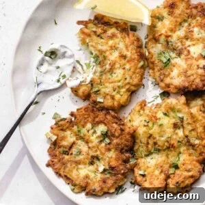 A plate with four golden-brown fritters garnished with chopped herbs, a lemon wedge, and a spoonful of creamy dipping sauce on the side.
