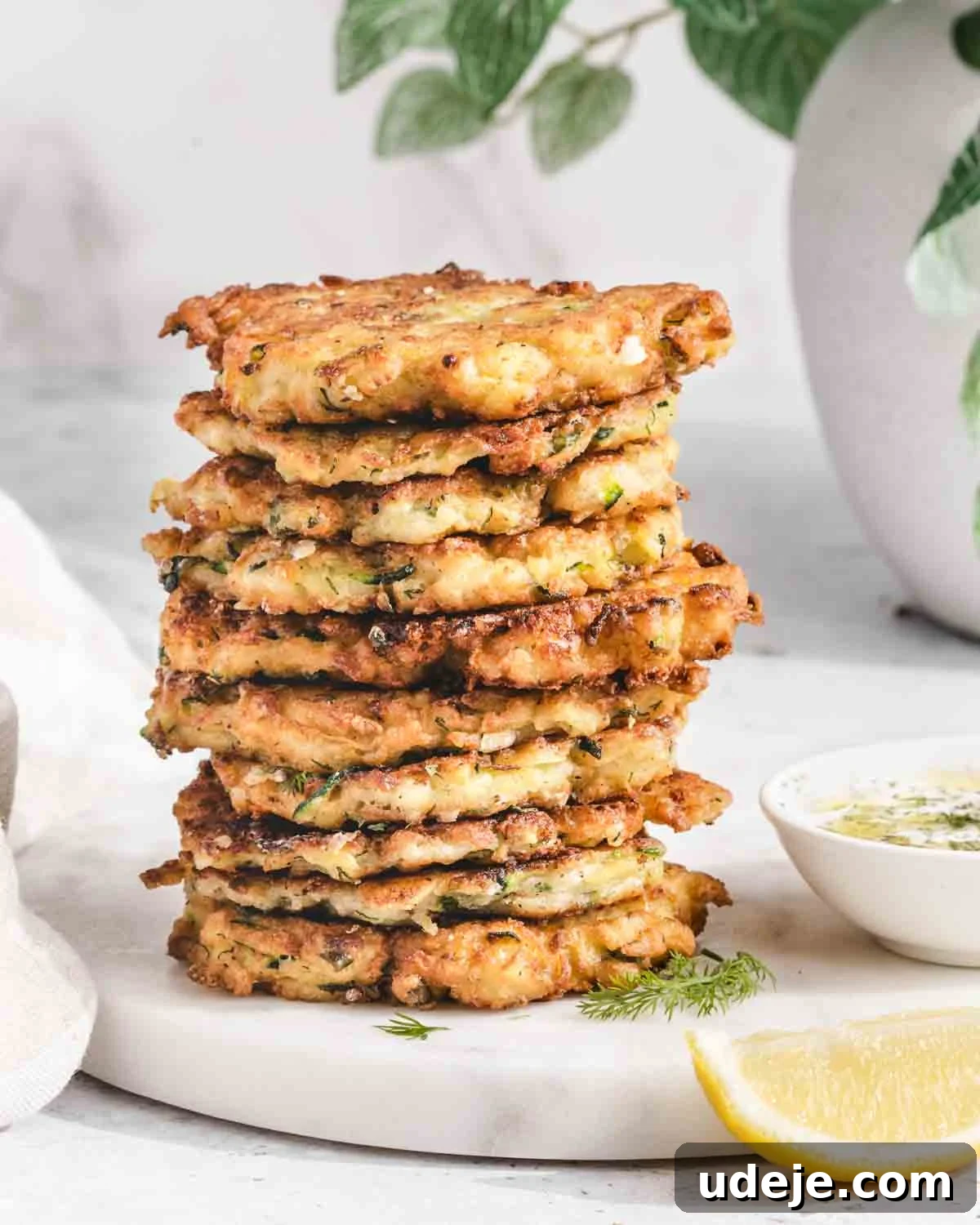 Crispy Turkish Zucchini Feta Fritters 8 A stack of golden, crispy fritters sits on a round white board next to a bowl of dip, fresh herbs, and a lemon wedge, with a leafy plant in the background. Try these easy Mucver, or Turkish Zucchini Fritters, filled with lots of fresh herbs and salty feta.