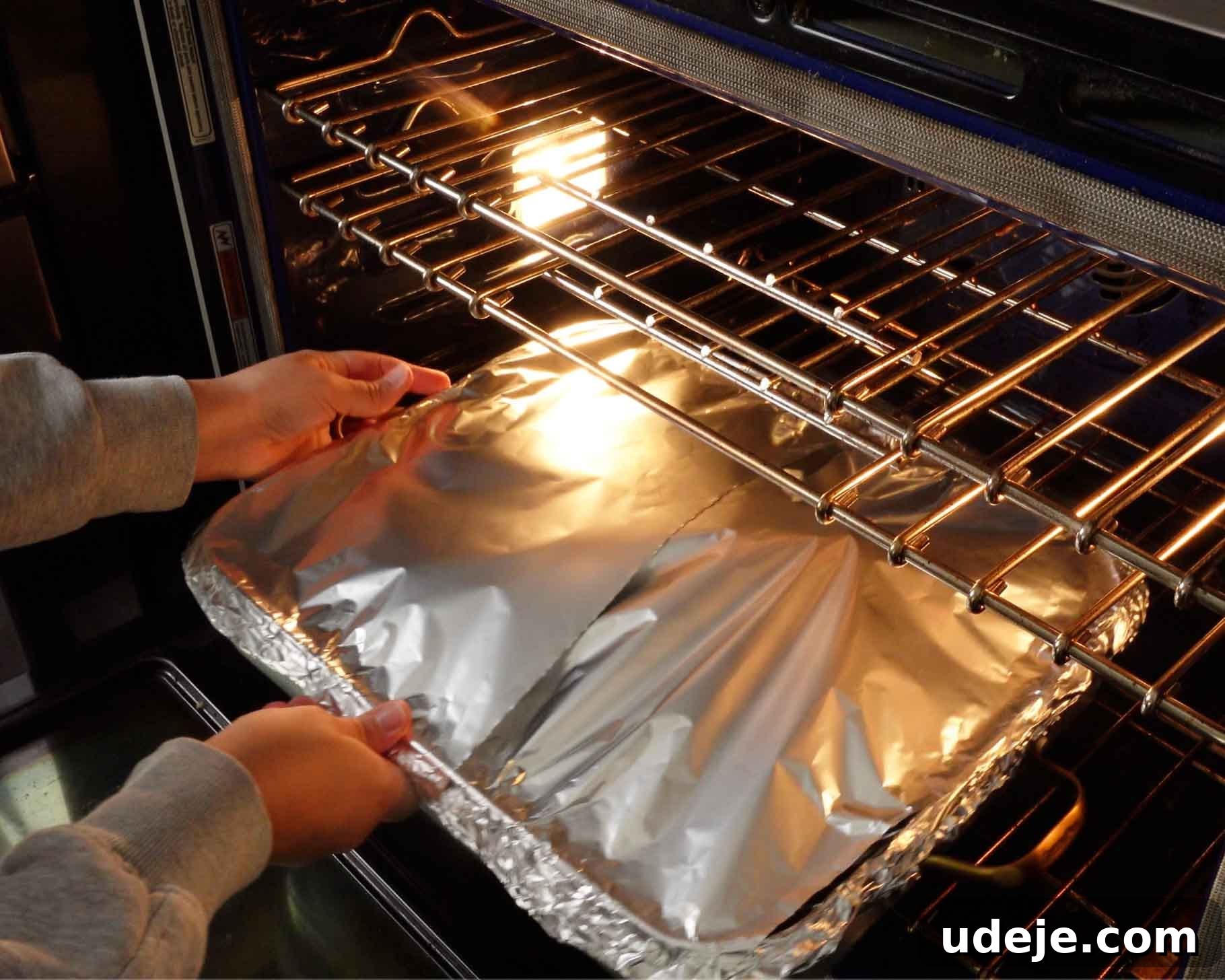 Melt-in-Your-Mouth Yemeni Lamb Mandi 10 A person is placing a large, foil-covered baking dish onto the middle rack of an oven, with the oven light on and both hands holding the dish.