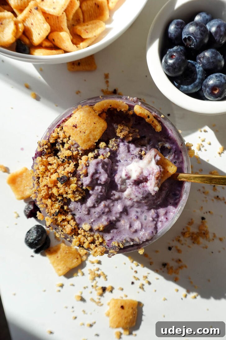 Blueberry Muffin Bliss Overnight Oats 5 Overnight oats topped with yogurt, blueberry compote, and crunchy protein cereal.