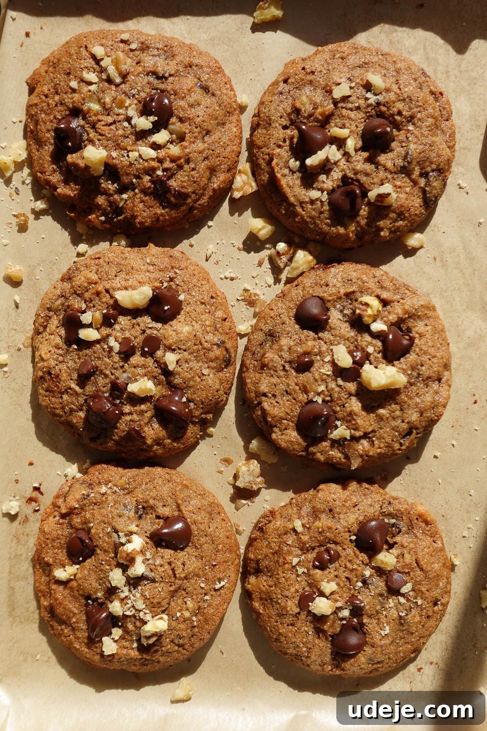 Soft-Baked Vegan Banana Bread Cookies 10 A fresh batch of golden-brown vegan banana bread cookies, just out of the oven, cooling on the baking sheet and radiating a warm, enticing aroma.