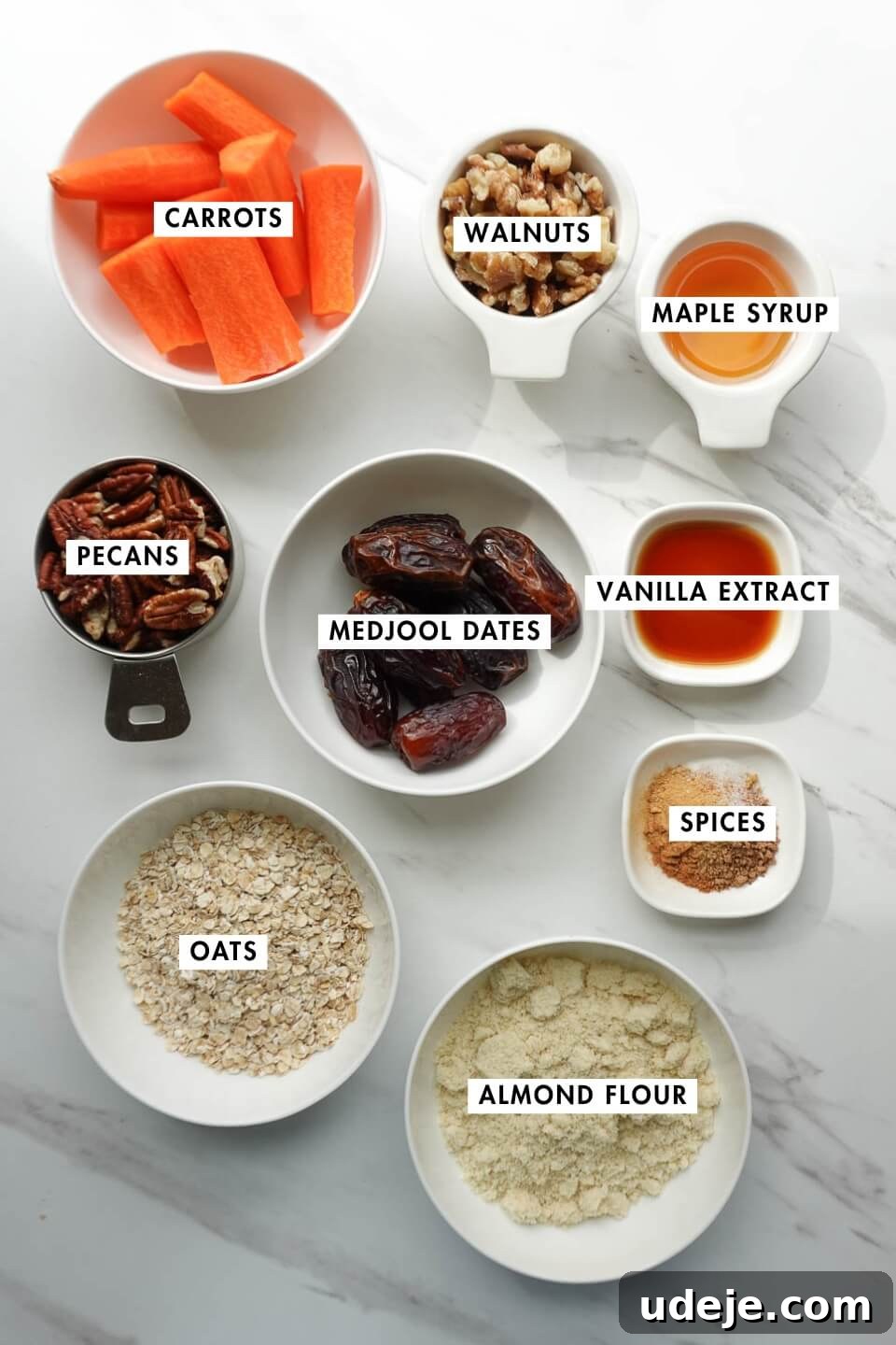Dreamy No Bake Carrot Cake 7 Ingredients for no bake carrot cake including dates, carrots, oats, and walnuts