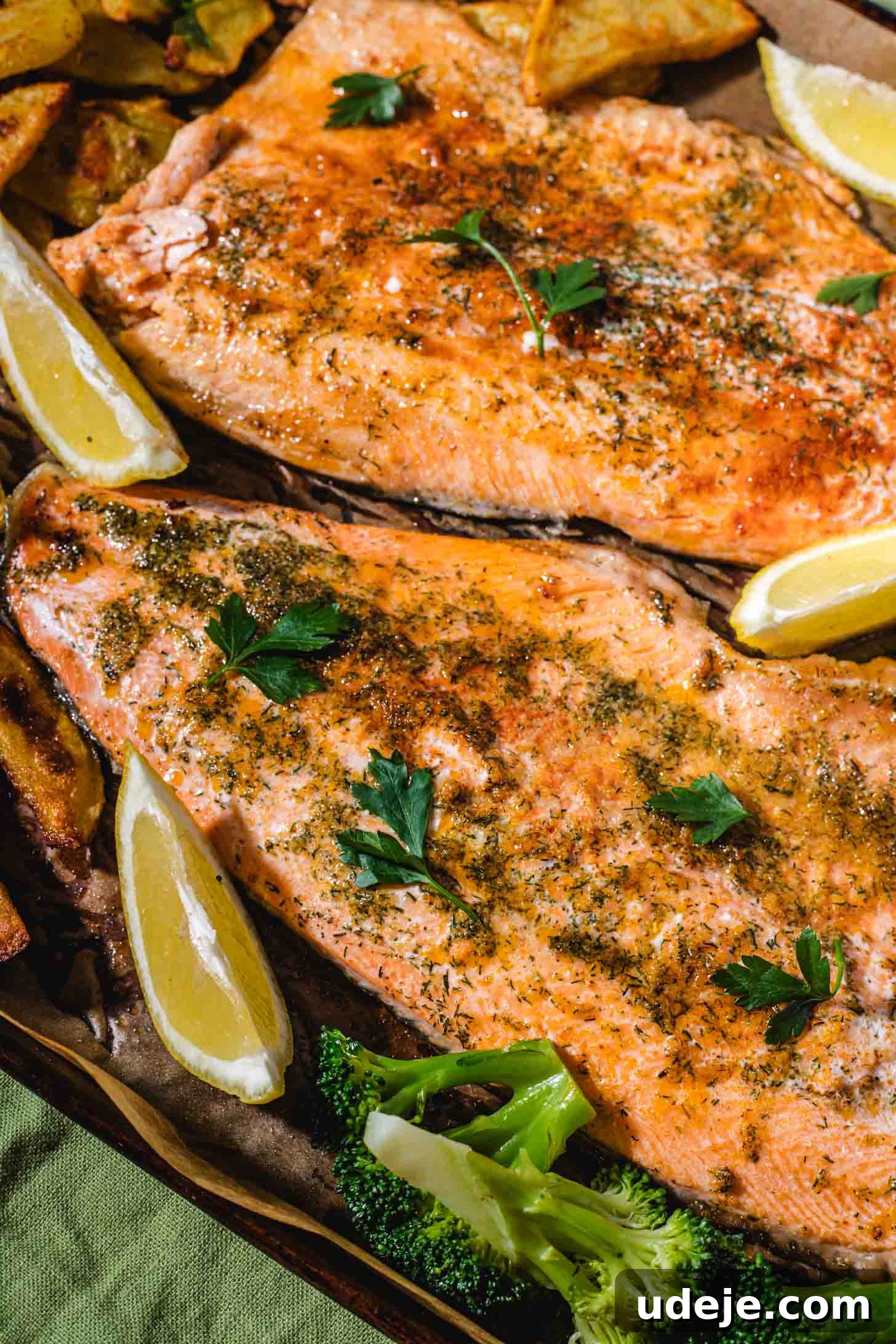 Sheet Pan Rainbow Trout with Crispy Potatoes and Lemon 7 Two baked salmon fillets garnished with herbs and parsley, surrounded by lemon wedges, potato slices, and broccoli on a baking tray.