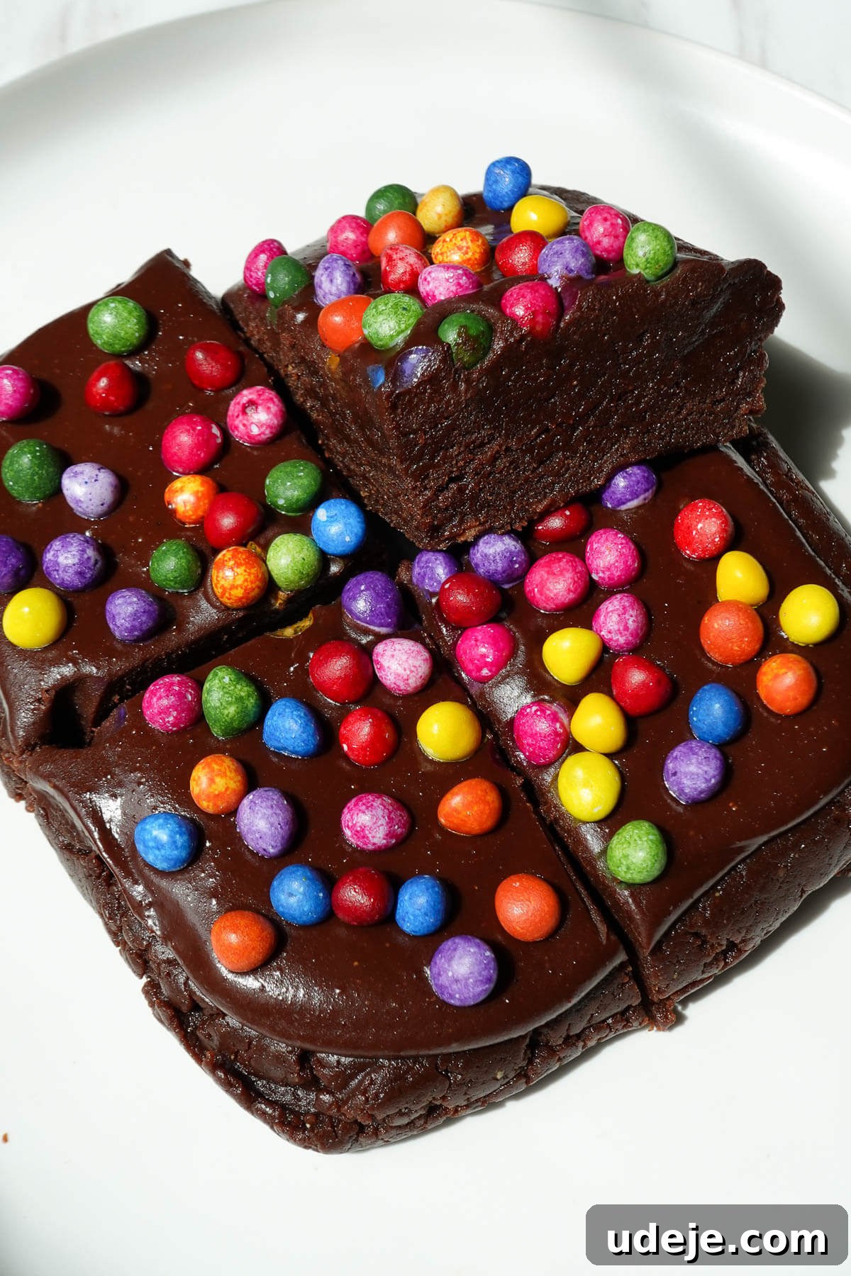 No-Bake Vegan Gluten-Free Cosmic Brownies (Small Batch) 2 Close-up of no bake vegan cosmic brownies showing their moist and fudgy texture.