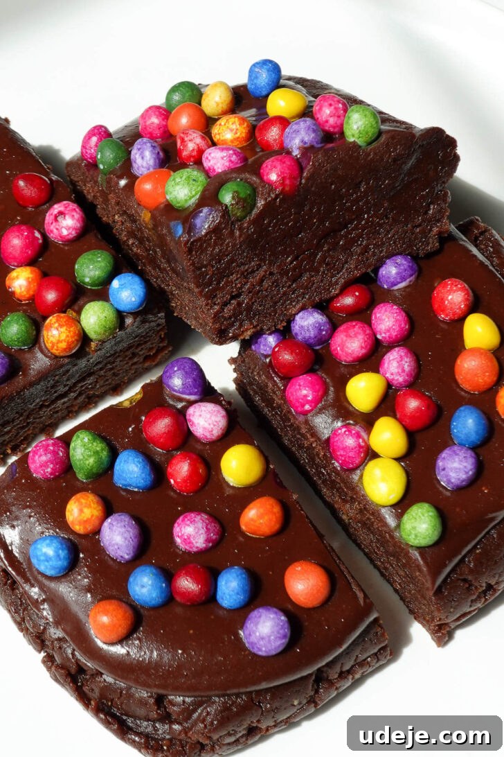 No-Bake Vegan Gluten-Free Cosmic Brownies (Small Batch) 12 Close-up of no bake cosmic brownies showing their moist and fudgy texture.